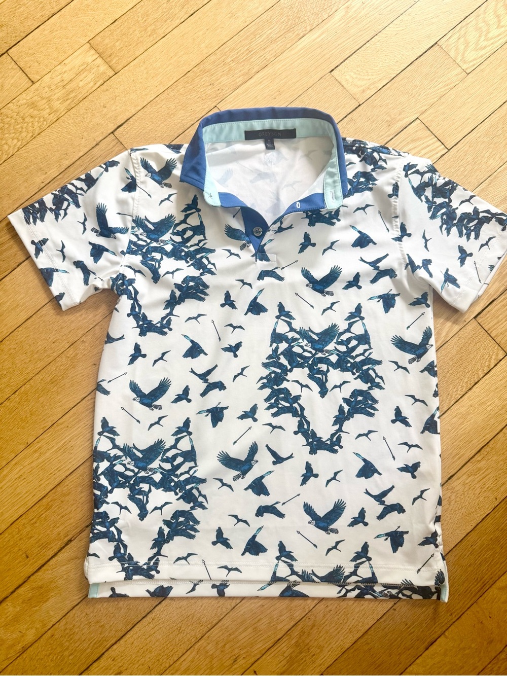 Greyson Boys White Polo with Blue Bird Print